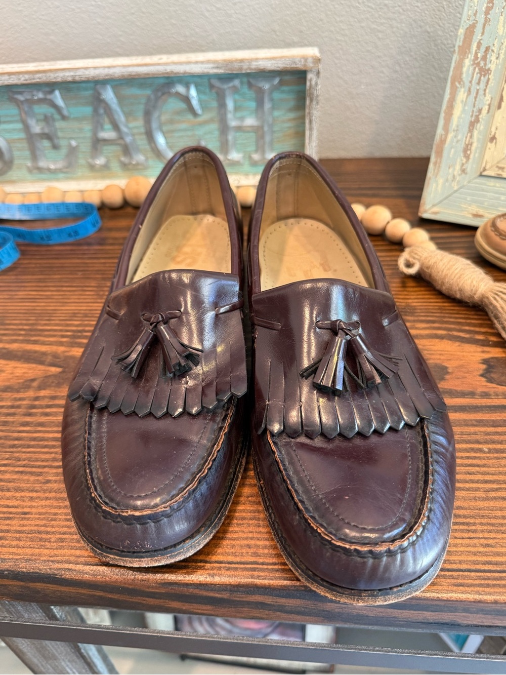 SAS Time Men’s Burgundy Leather Tassel Kiltie Loafers Moc Toe Comfort Shoes 10.5
